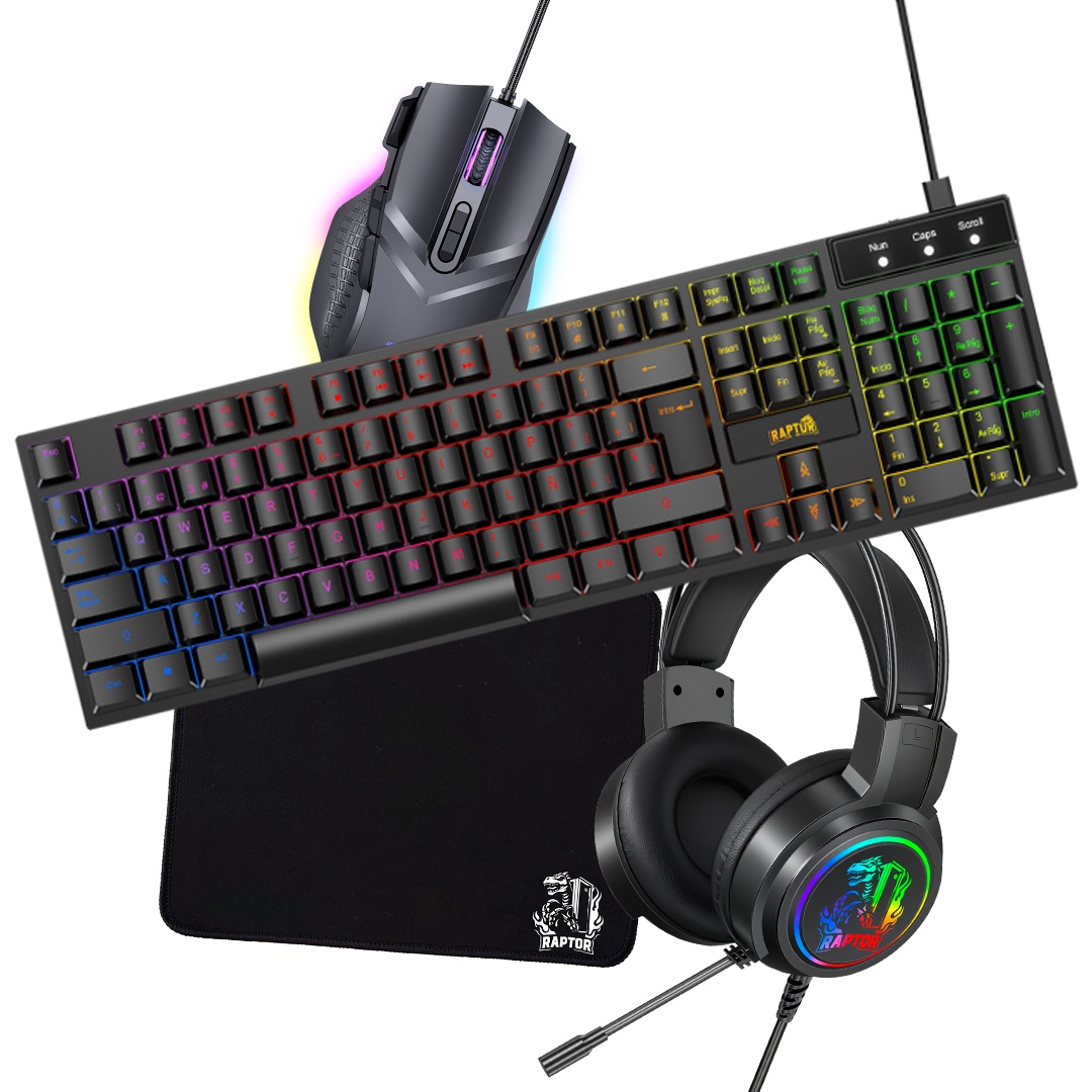 Combo Gamer Raptor Teclado Mecanico 104 teclas + Mouse RGB 7200dpi + Mouse Pad S + Auricular 3.5